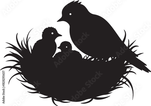 Black silhouette of parent bird with two chicks in nest