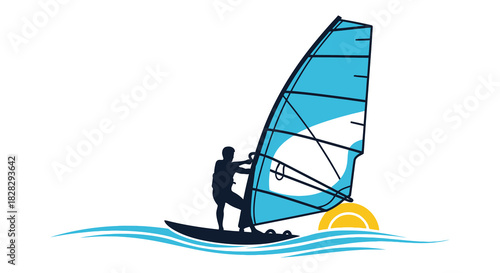 Windsurfer riding the waves at sunset silhouette