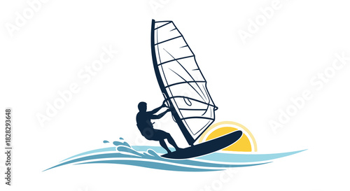 Windsurfer riding waves with sun in background silhouette