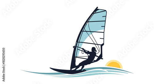Windsurfer on water with sailboard and sun graphic illustration silhouette