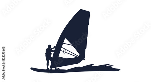 Windsurfer riding the waves a dark silhouette against white background silhouette