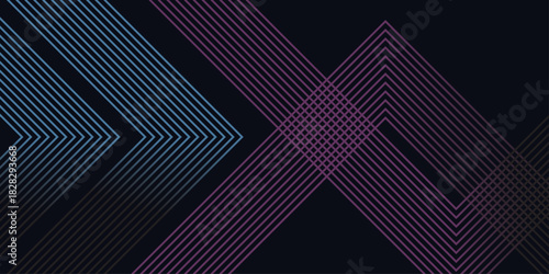 Abstract dark futuristic technology banner background. Glowing pink and blue arrow lines graphic design. Modern geometric lines pattern. Suit for cover, poster, banner, brochure, presentation, website