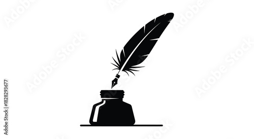 Feather quill pen in inkwell black and white vector illustration silhouette
