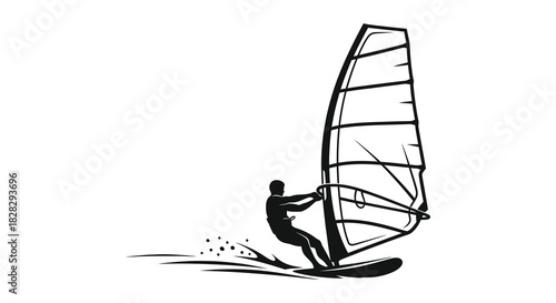 Windsurfer riding the waves in a graphic silhouette style silhouette