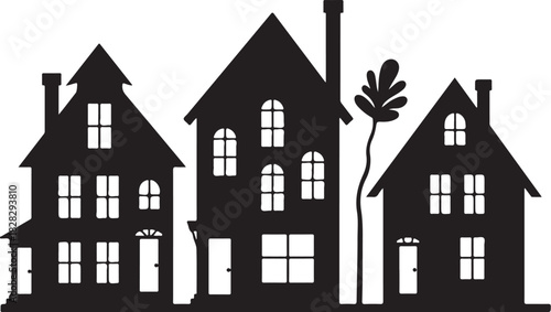 Black silhouette of three houses and a plant home building