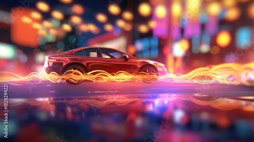 Red Sports Car with Glowing Wheels on a Wet Road at Night with Blurred City Lights.