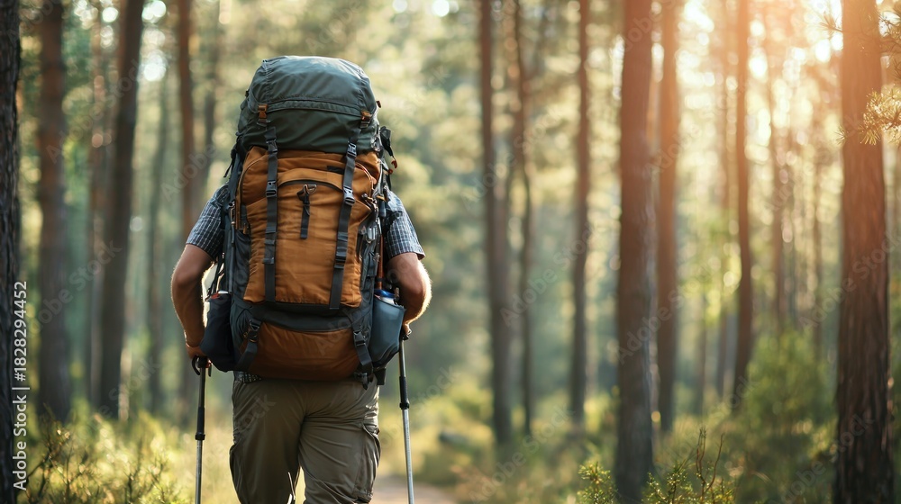 Naklejka premium A backpacker trekking through dense forest with a large backpack and trekking poles, immersed in nature.