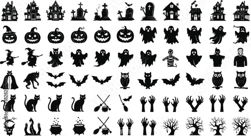 Halloween silhouettes, haunted house, jack-o'-lantern, ghost, witch, monster, vampire, bat, cat, cauldron, tree, black vector