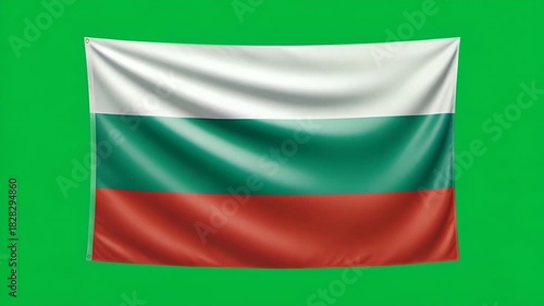 Waving Bulgarian flag on vibrant green background, perfect for celebrating national holidays or Bulgarian pride events dynamically