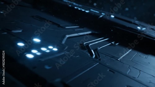 Cinematic close-up revealing the dark spaceship body texture and intricate metallic plating with bright blue futuristic lights.