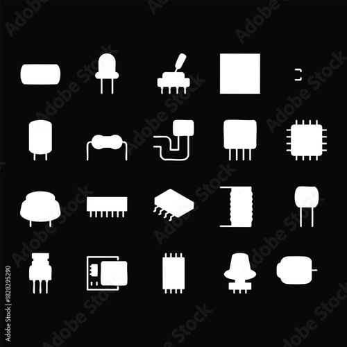 Electronic Component and Circuit Parts Glyph Vector Icons Set