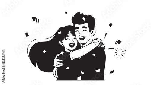 Playful couple embracing in a celebratory illustration with confetti and smiles.