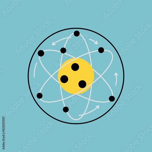 Stylized atom model with orbiting electrons and nucleus.