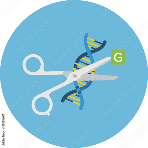 Scissors cutting a DNA strand with a green square and 'G'.