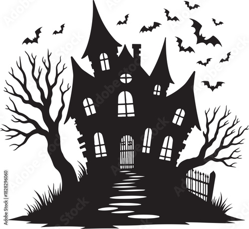 Spooky haunted house silhouette with bats and bare trees