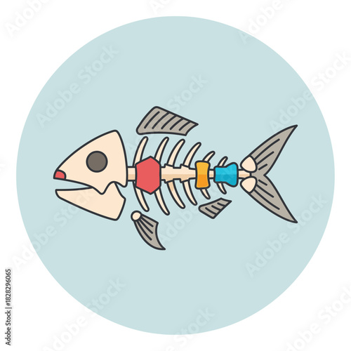 Stylized fish skeleton with colored segments and fins.