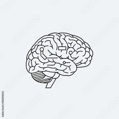 Stylized brain outline with circuit board elements and abstract shapes.