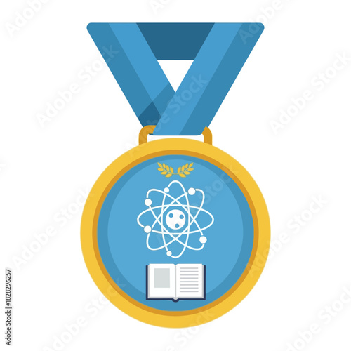 Gold medal with blue ribbon, atom, and open book symbols.