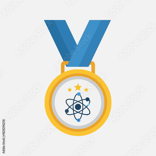 Gold medal with atom symbol and blue ribbon.