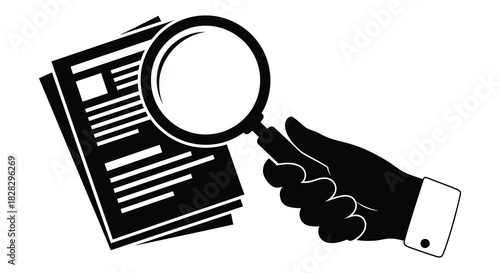 Hand holding magnifying glass over documents silhouette