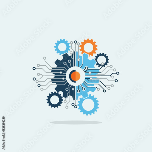 Gears and circuit board elements form a central technological design.