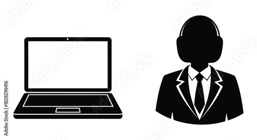 Laptop and businesswoman silhouette illustration for online meeting or remote work silhouette