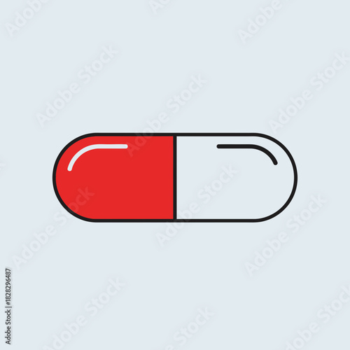 A red and white capsule with a black outline.