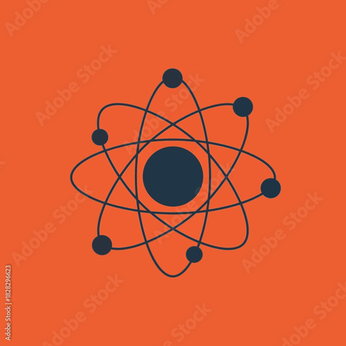 Stylized atom with orbiting electrons and nucleus.