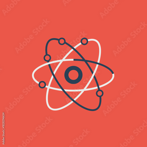 Stylized atom model with orbiting electrons and nucleus.