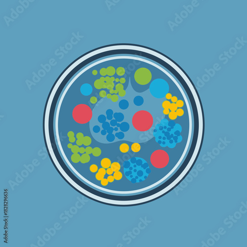 Petri dish with colorful circular microorganisms and colonies.