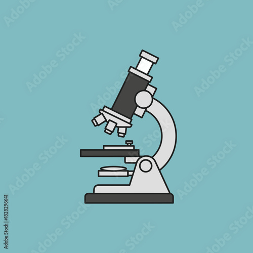 A scientific microscope with multiple lenses and a stage.