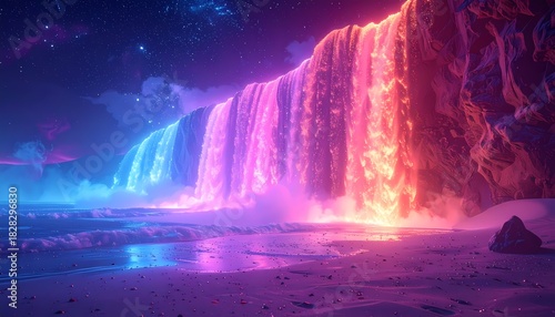 Wallpaper Mural Vibrant Neon Waterfall Illuminating a Mystical Landscape at Night. Torontodigital.ca