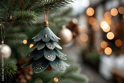 Creative handmade Christmas tree ornament made of green paper with sequins hanging on a pine branch against a background of festive lights.