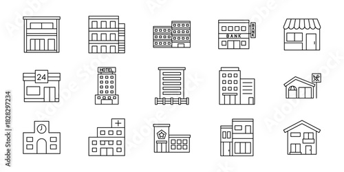Various Black and White Building Icons Illustration Set for Architecture and Design Projects