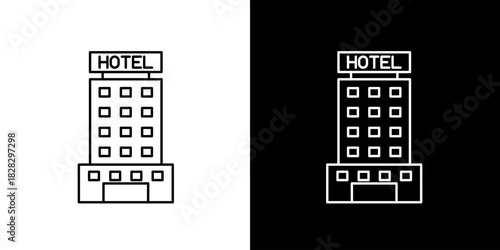 Hotel building line icon set isolated on black and white. Urban architecture symbol for travel, hospitality, and accommodation services