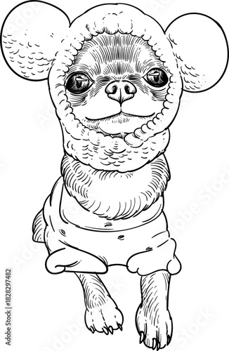 Vintage hand drawn sketch of chihuahua with ear knit a dog hat