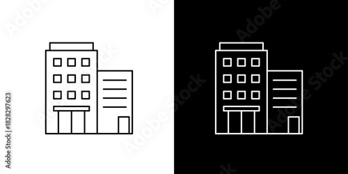 Outline icon illustration of a modern building on a white background next to its negative image on a black background