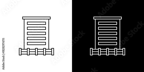 Single icon of simple graphic illustration of a multi-story building with horizontal lines on a black and white background