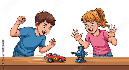 Two excited children playing with toy robot and car on wooden table with plain white background.