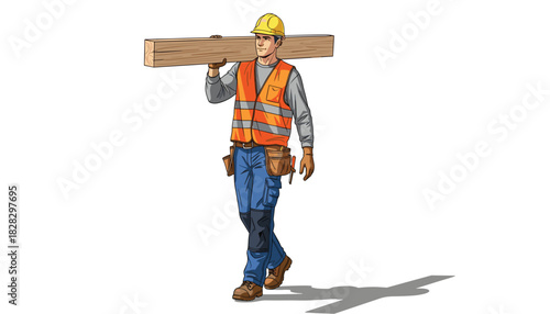 Construction Worker Carrying Beam – Vector Illustration of Strength and Safety
