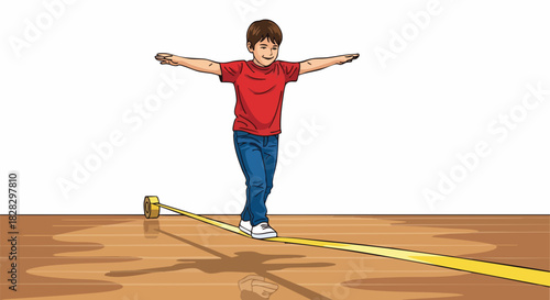 A young boy balancing on a yellow tightrope with arms outstretched in a cartoon style against a clean white background.