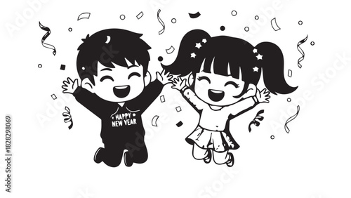 Two cheerful children dance together in a playful, festive cartoon scene with confetti and smiles.