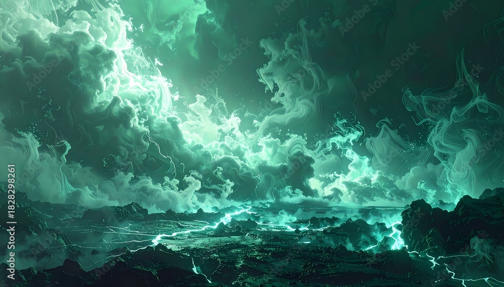Fototapeta premium Ethereal Green Glowing Clouds Over Mystical Dark Landscape.