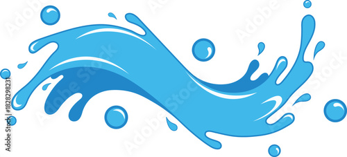 Blue water splash with bubbles and droplets on white background liquid wave