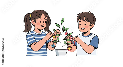 Illustration of a smiling girl and boy watering and nurturing a potted plant with colorful flowers against a clean white background.