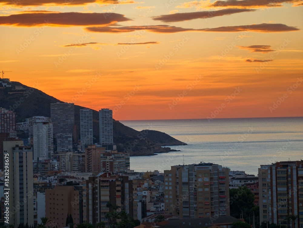 Fototapeta premium dramatic coastal skyline illumination, photographer captures warm golden hue over tranquil water