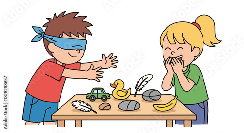 Blindfolded boy playing guessing game with girl at a table with fruits and objects on it in a playful and curious mood.