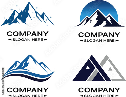 Four mountain logo designs with company and slogan placeholders vector