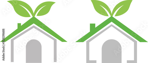 Two green leaf house logos with gray outlines and arched doorways home