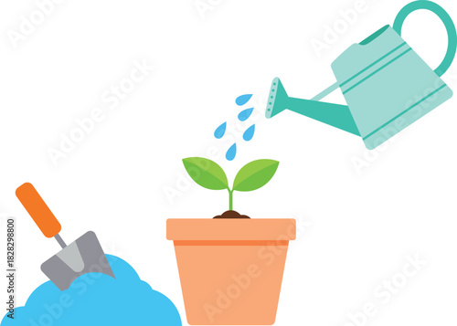 Green seedling in pot being watered by teal watering can with trowel and blue soil plant growing